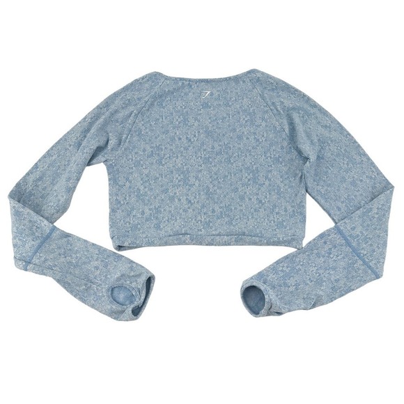 Gymshark Fleur Texture Long Sleeve Crop Blue Marled Top Knit Round Neck Size s - Picture 2 of 8